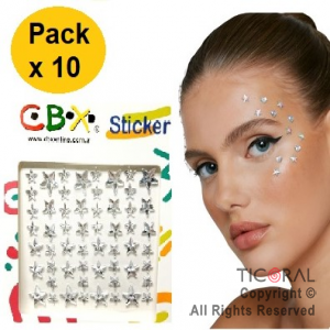 STICKERS STRASS PREMIUM CBX AUTOADHESIVOS ESTRELLAS PLATEADO (PACK X 10 PLANCHAS)